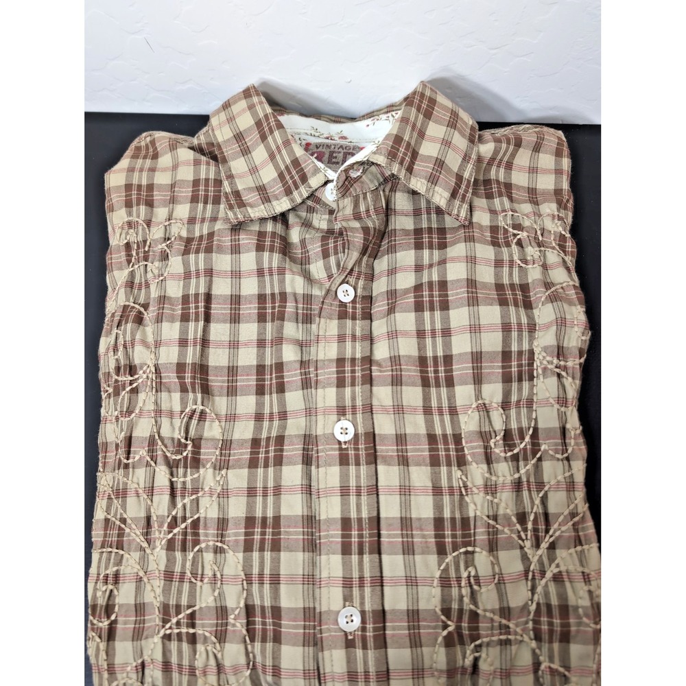 Vintage Red Brand Size Large Western Embroidered Brown Plaid Shirt Button Down